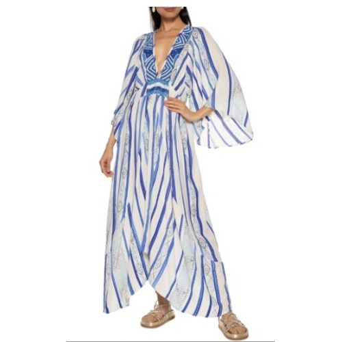 Farm Rio Beaded Maxi Dress Mare De Sol Blue White Boho Embroidered Brazil Nwt L